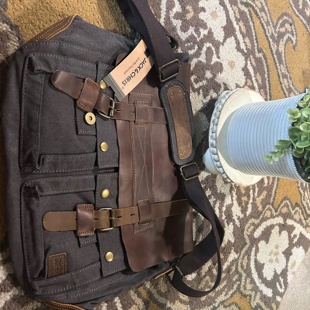 Brown and Black Men's Messenger Bag. Canvas and leather
